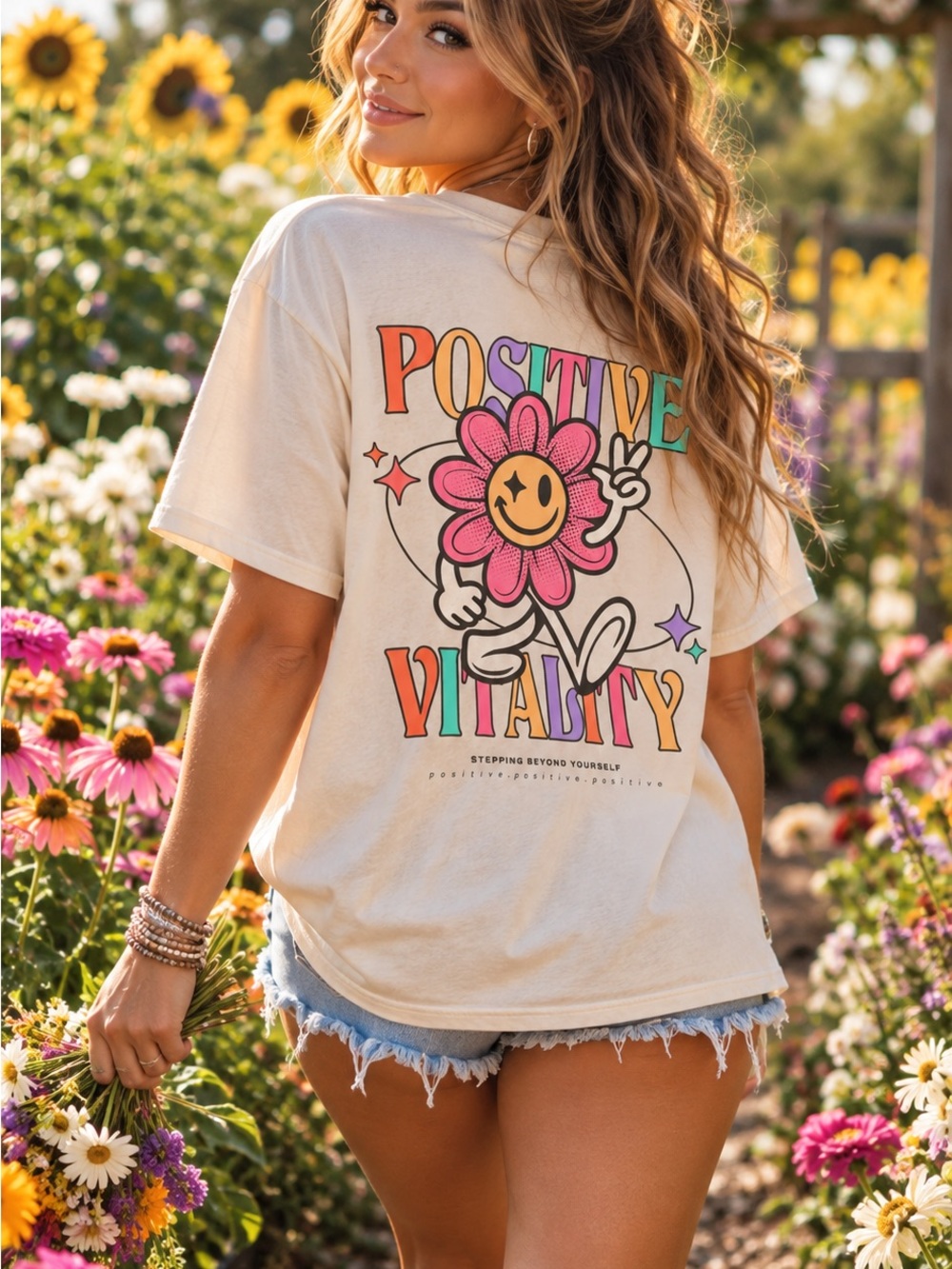 SHEIN Cream Short Sleeve Tee with Rainbow 'Positive Vitality' Graphic